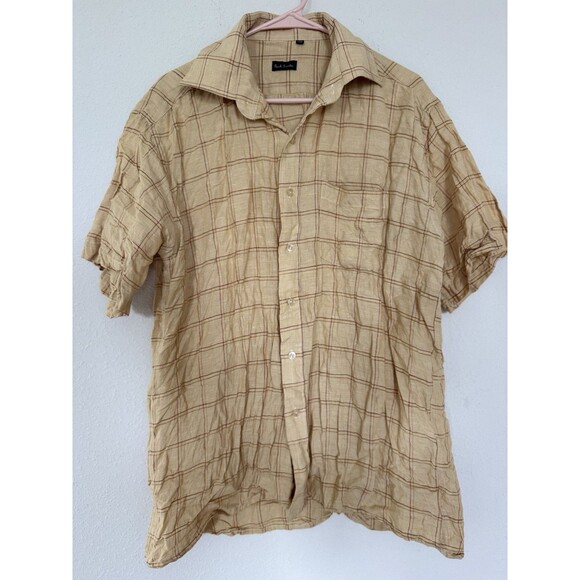 PAUL SMITH Yellow Plaid Check Short Sleeve Shirt XXL Linen Designer Outdoor Top - Picture 1 of 5